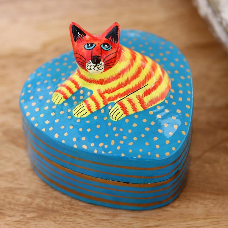Novica Handmade Cat Love Decorative Papier Mache Box