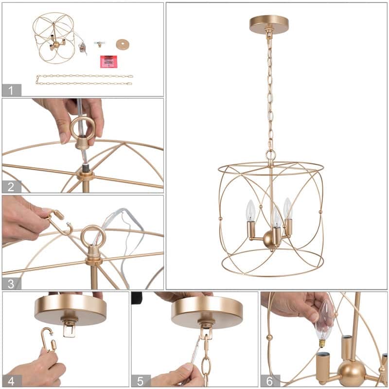 Cionar Modern Glam 3-light Chandelier Gold Cage for Kitchen Island LED Bulbs - D13" x H 74"