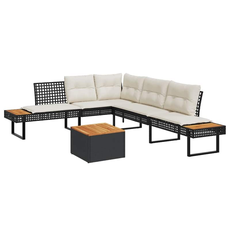 vidaXL 2 Piece Patio Sofa Set with Cushions Outdoor Poly Rattan and Acacia - 111.0 x 89.8 x 29.1 - Black-Non-Adjustable tabletop