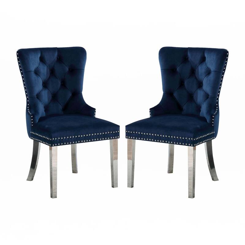 Set of 2 Wingback Dining Chairs with Button Tufted Back in Blue and Chrome