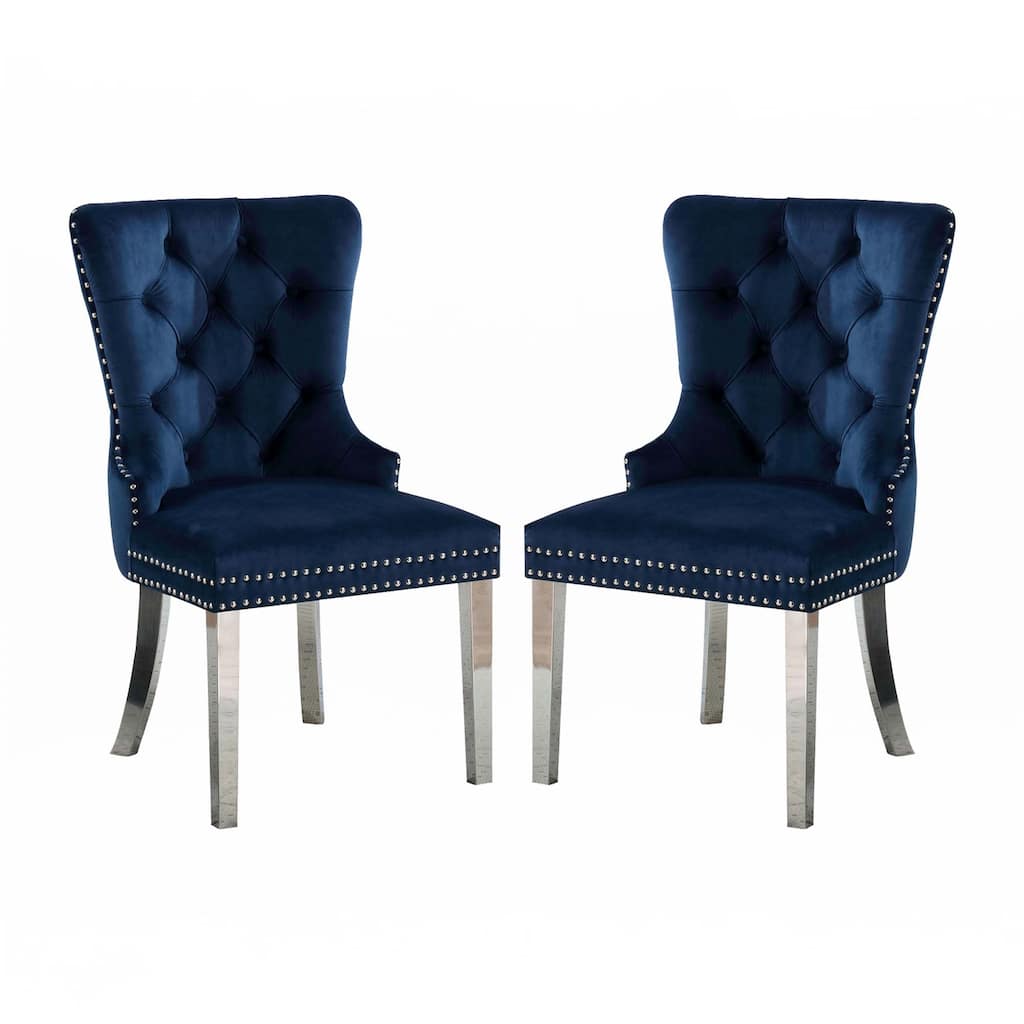 Set of 2 Wingback Dining Chairs with Button Tufted Back in Blue and Chrome