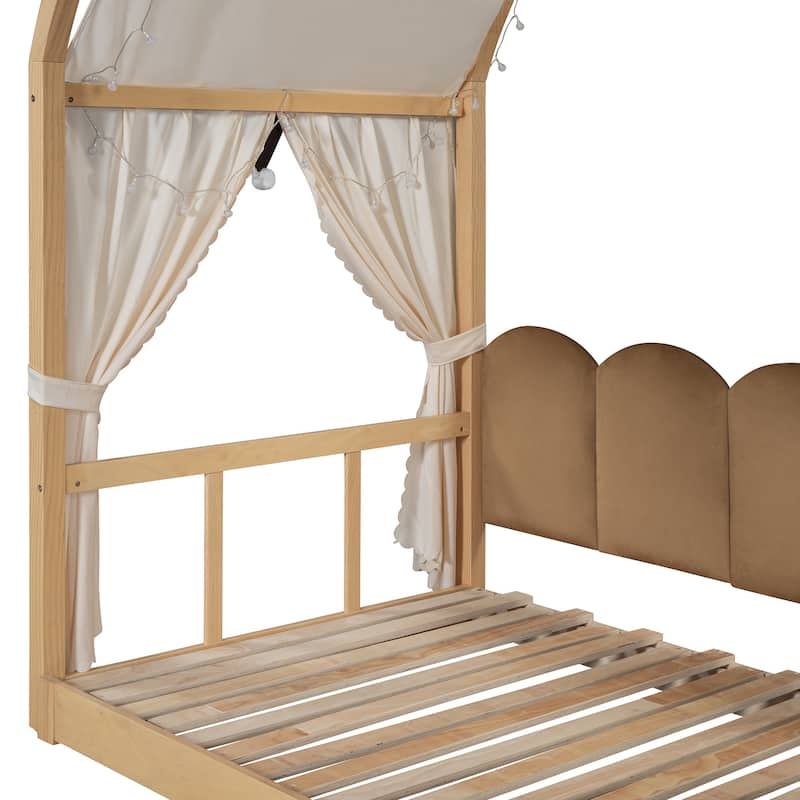 Wood Twin Size Bed Frame with Arched Roof, Floor Bed with Light and Curtain, Pull-out Kids Bed for Girls Boys Bedroom