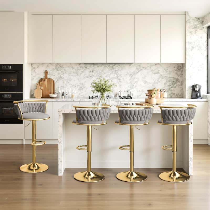 Velvet Upholstered Adjustable Bar Stool Swivel Counter Chair Set of 2 - Grey/Gold - Set of 4