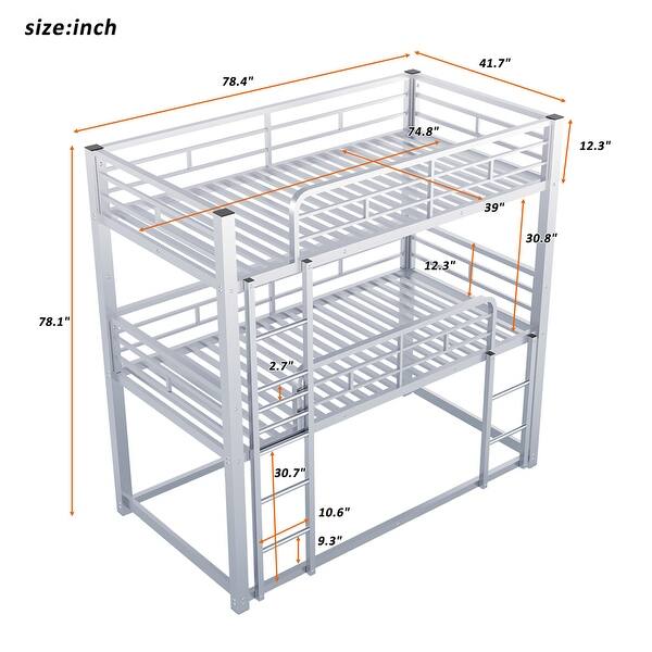 Metal Twin Size Triple Bunk Bed with Guardrails