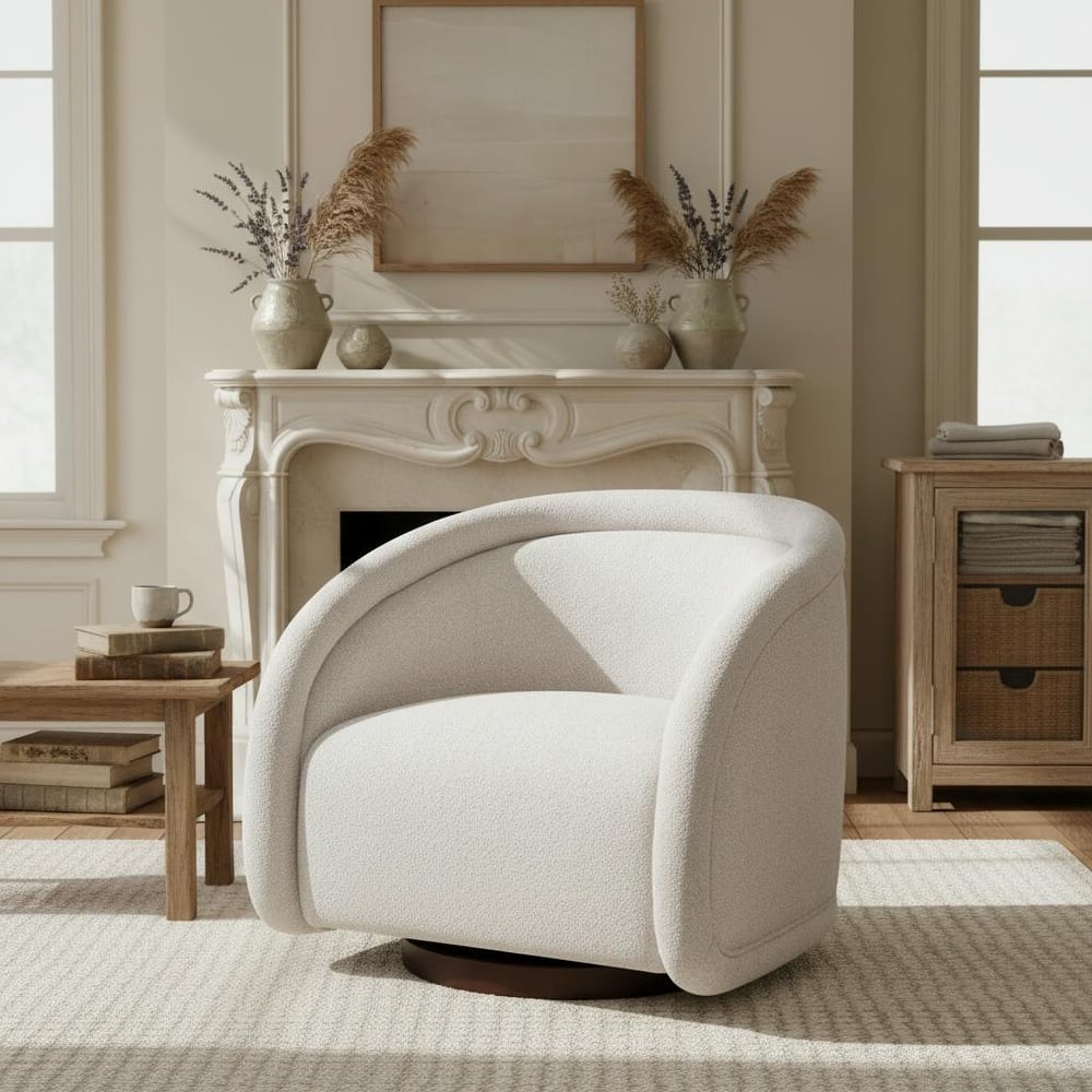 Christopher Knight Home - Boucle Upholstered 360° Swivel Accent Chair, Walnut-Finished Solid Wood Base & Ergonomic Curved Back