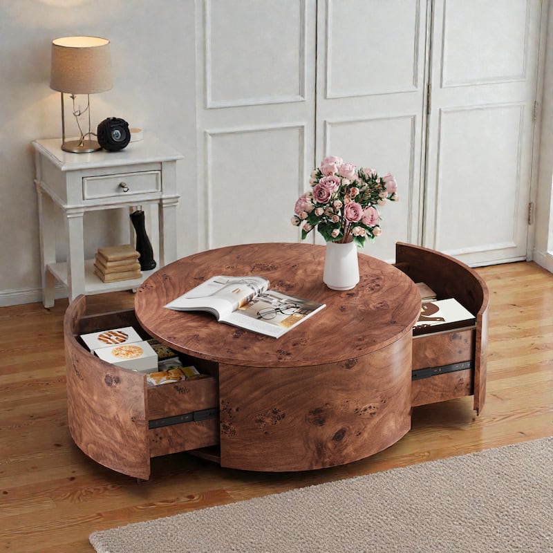Burl Wood Rotating Coffee Table with 2 Drawers, 28.4 Inch Round Walnut Table with 360 Degree Swivel Top