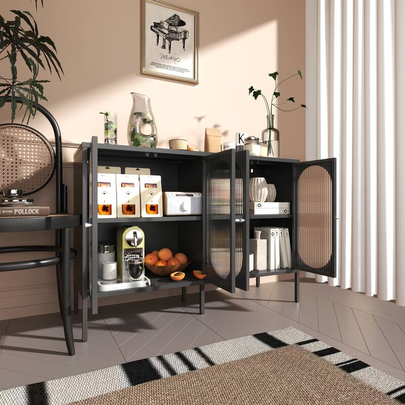 Metal Sideboard Cabinet with 4 Glass Door, Steel Locker Sideboard Buffet Cabinet, Sideboard Buffet Cabinet with 4 Doors