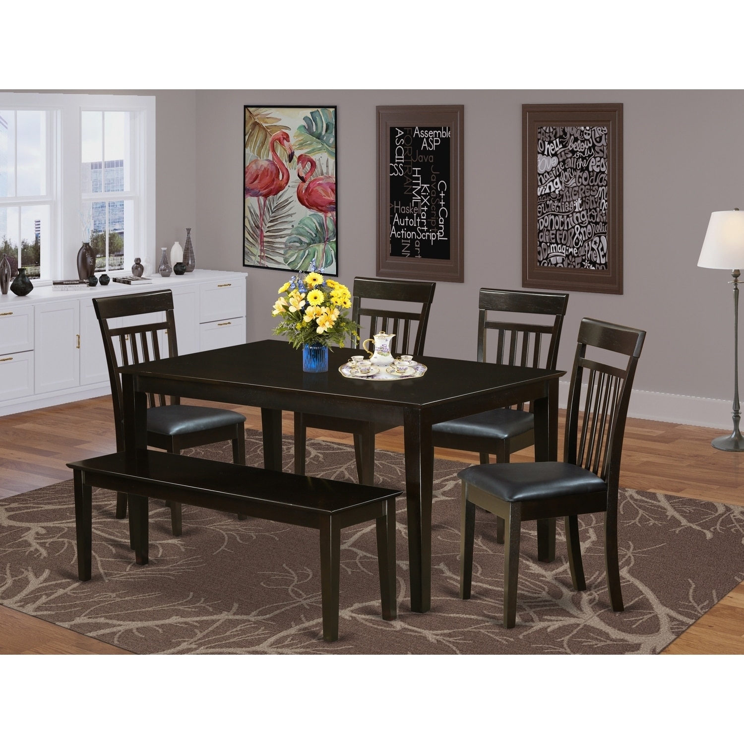 Dining Table Set with 4 Chairs & Bench - Cappuccino Finish - Modern Kitchen Table Decor