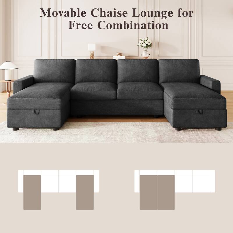103.9" Convertible U-shaped Sofa with 2 Storage Chaise Lounges, 4 USB Ports, Black Polyester