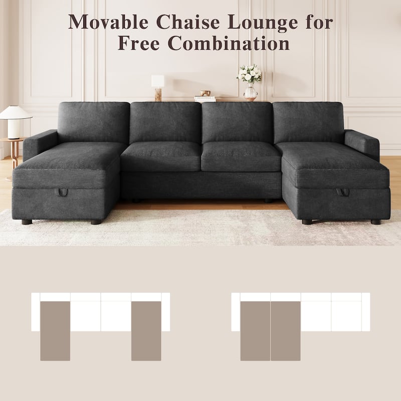 103.9" Polyester U-Shaped Sectional Sofa with 2 Storage Chaises and 4 USB Ports