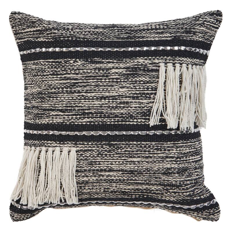 Handwoven Striped Square Throw Pillow with Fringes - 20" - Black and White