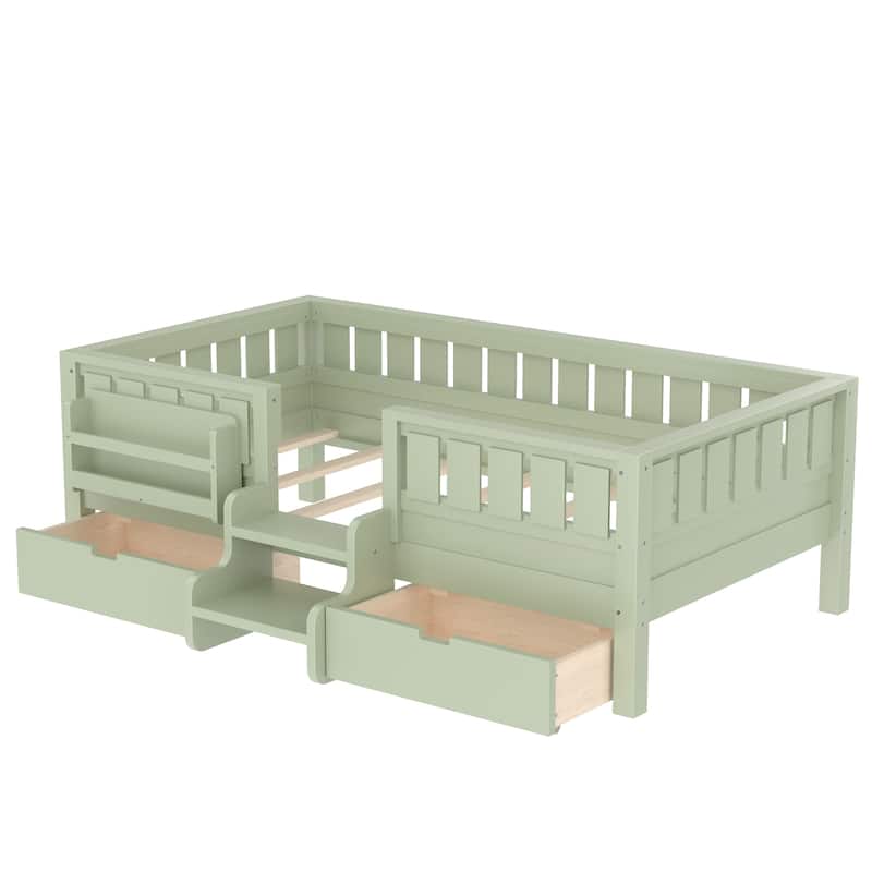 Full/Twin Loft Bed with Storage Drawers, Safety Staircase & Rails