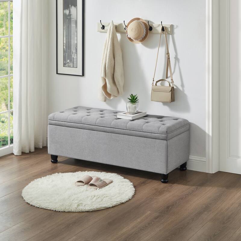 Linen Fabric Tufted Button Storage Bench with Spindle Wooden Legs
