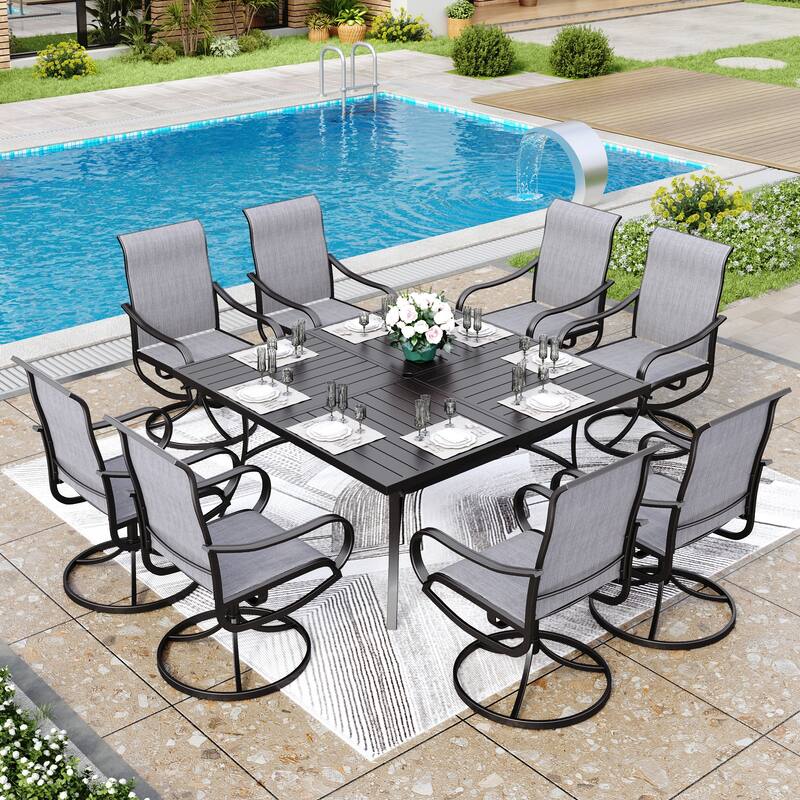 MAISON ARTS 9 Pieces Patio Dining Set, 60 Inch Square Metal Table and Sling Dining Chairs - Non-Padded Grey