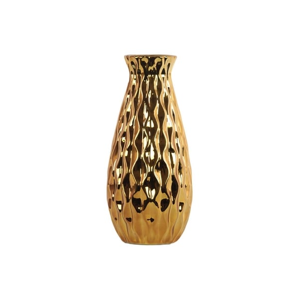 Ceramic Round Bellied Vase with Embossed Wave Design Body, Gold.