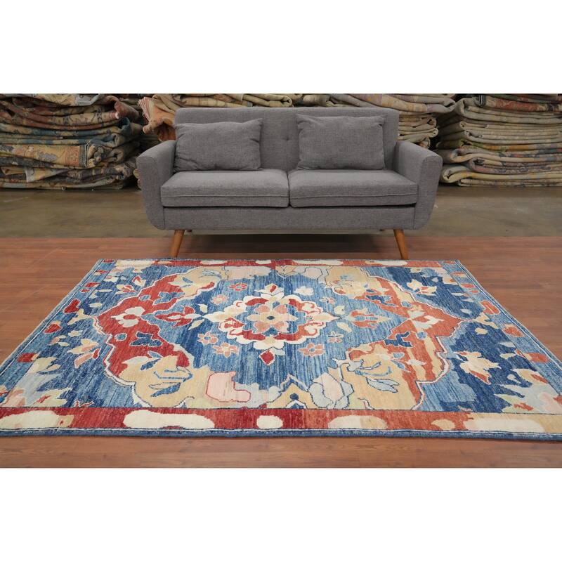 Hand Knotted Oriental 100% Wool Carpet Transitional Floral Navy Blue & Blues Oushak Area Rug - 6' 9'' X 5' 1''
