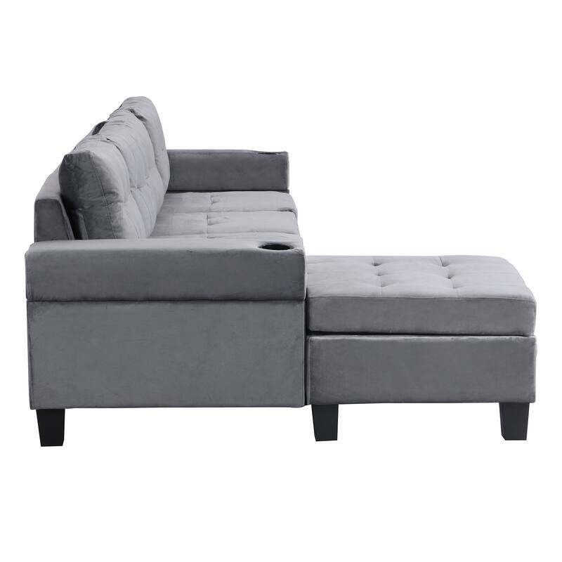 L-Shape Sectional Sofa Set with Storage Chaise, 4-Seat Modular Sofa with Cup Holder and Left Hand for Livingroom