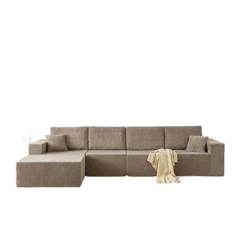 Modular Corduroy Sectional Sofa with Ottoman Chaise Lounge and Pillows