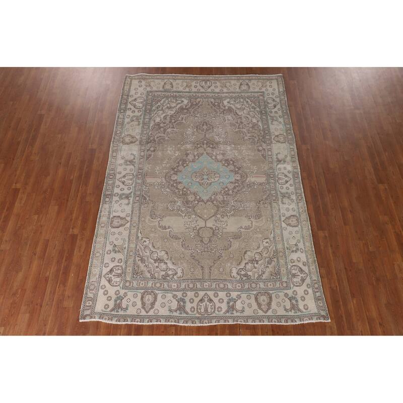 Distressed Beige Tabriz Persian Vintage Rug Handmade Wool Carpet - 6'5"x 9'7"
