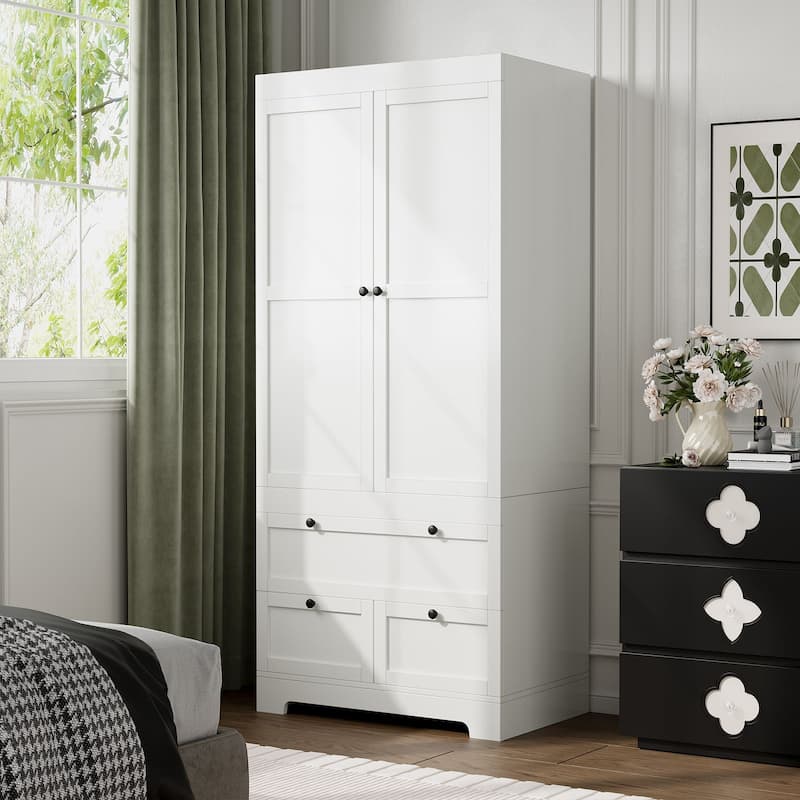 Gyomojoy Large White Wardrobe Closet with Drawers & Doors, Modular Armoire with Hanging Rods, Apartment & Dorm Storage - 2 Door 2 Drawers