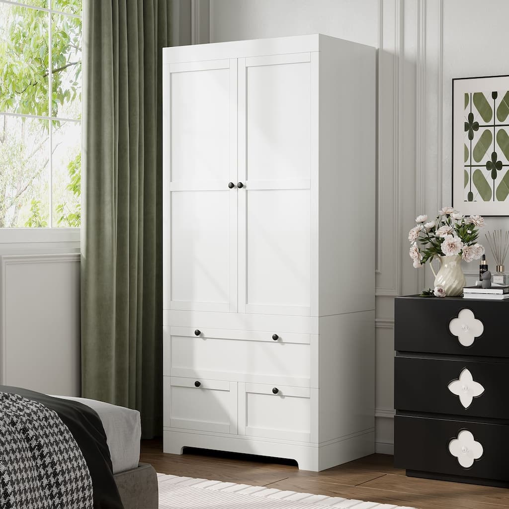 Gyomojoy Large White Wardrobe Closet with Drawers & Doors, Modular Armoire with Hanging Rods, Apartment & Dorm Storage
