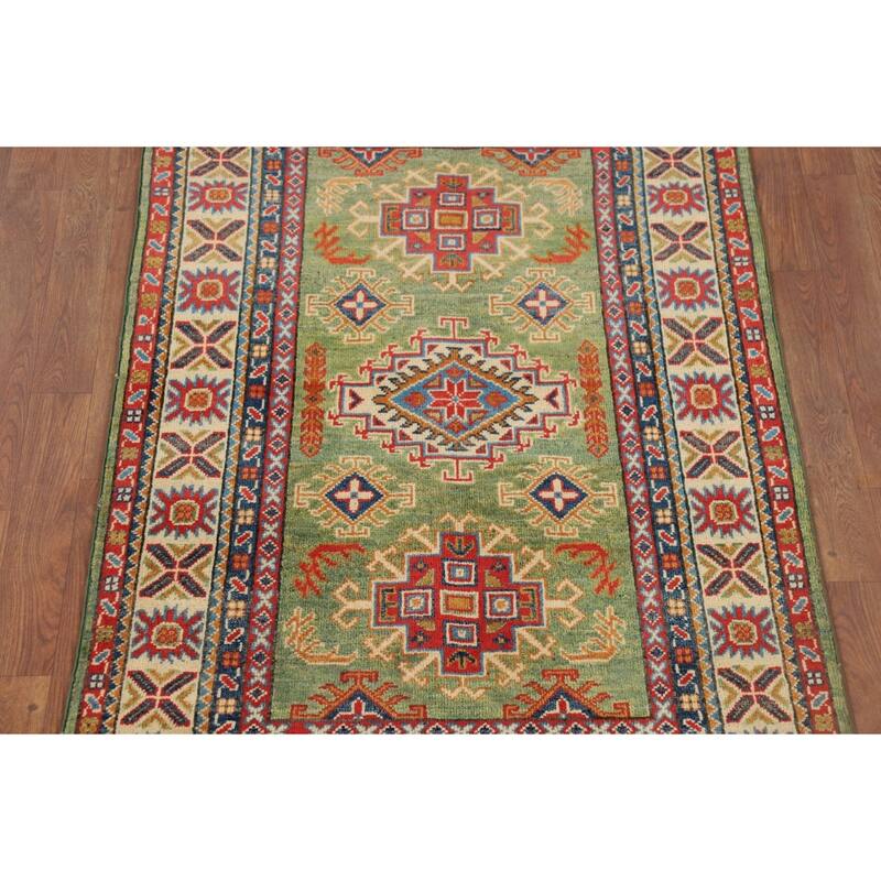 Light Green Kazak Oriental Accent Rug Handmade Wool Carpet - 3'2" x 4'11"
