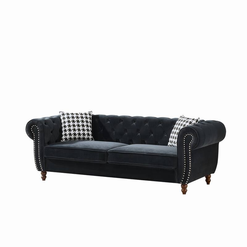 Roomfitters 87" Classic Chesterfield Upholstered Sofa with Scrolled Arms and Nailhead Trim, Button Back Living Room Couch