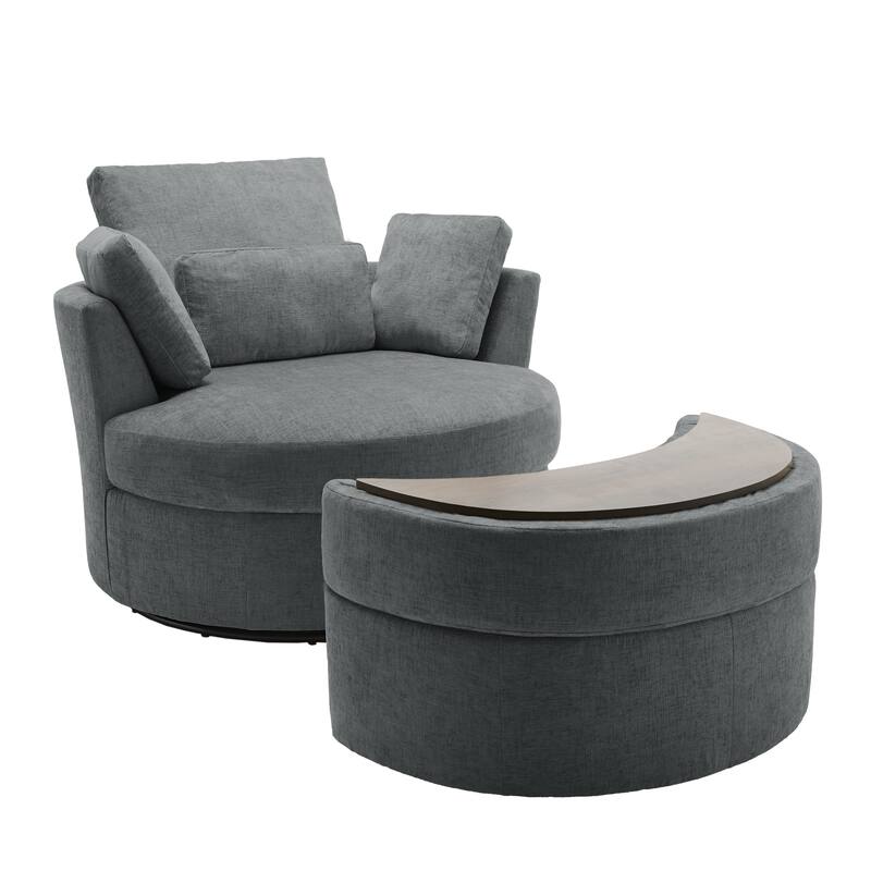 Chenille/Boucle Swivel Barrel Chair with Storage Ottoman