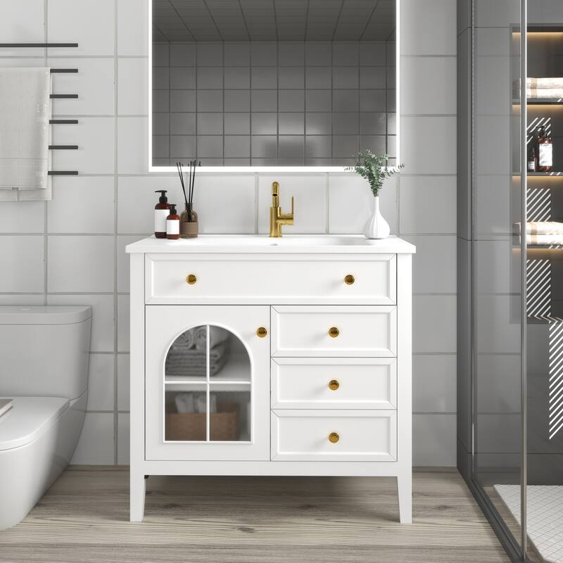 Freestanding 36" Bathroom Vanity Sink Cabinet with Motion-sensor Light Strip, Patterned Glass & Drawers