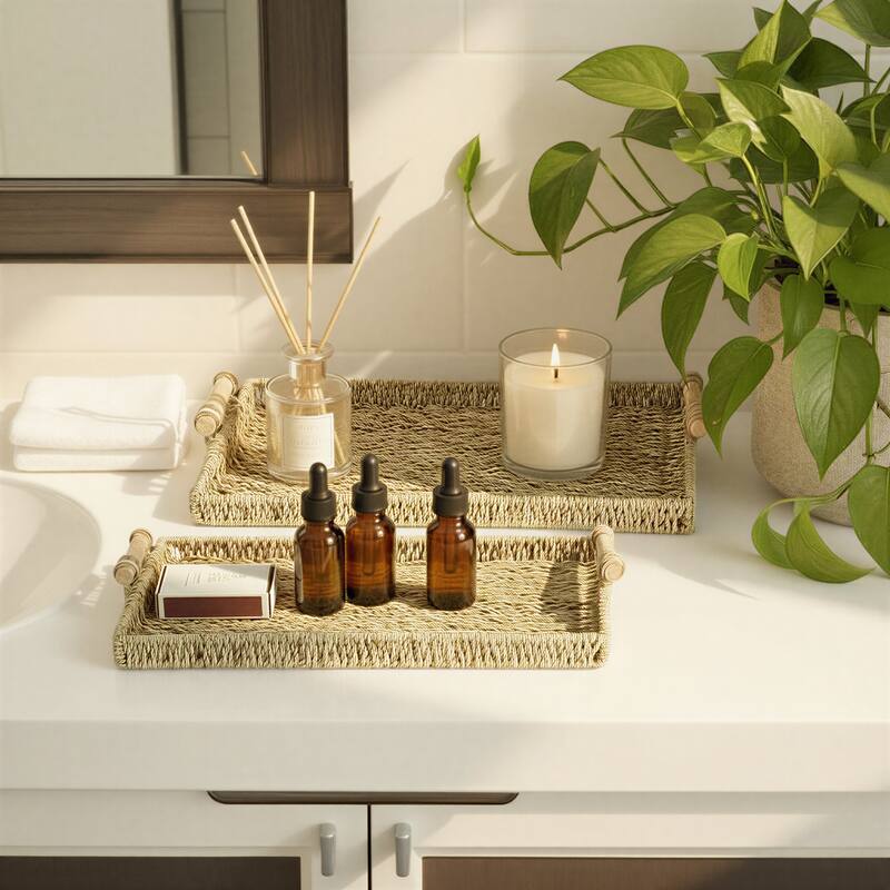 Household Essentials Handwoven Seagrass Tray Set with Wood Handles, Set of 2 - 15.7"L x 9.8"W x 3.1"H - Natural