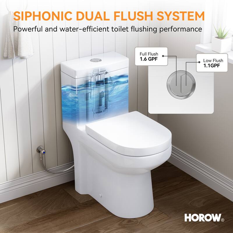 HOROW One Piece White Toilet featuring Dual Flush 0.8/1.28 GPF with Seat - N/A