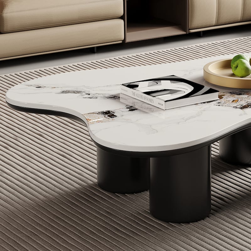 48"Modern Black Coofee Table, Glossy Sintered Stone Table-top, Cloud Shaped with 4 Legs