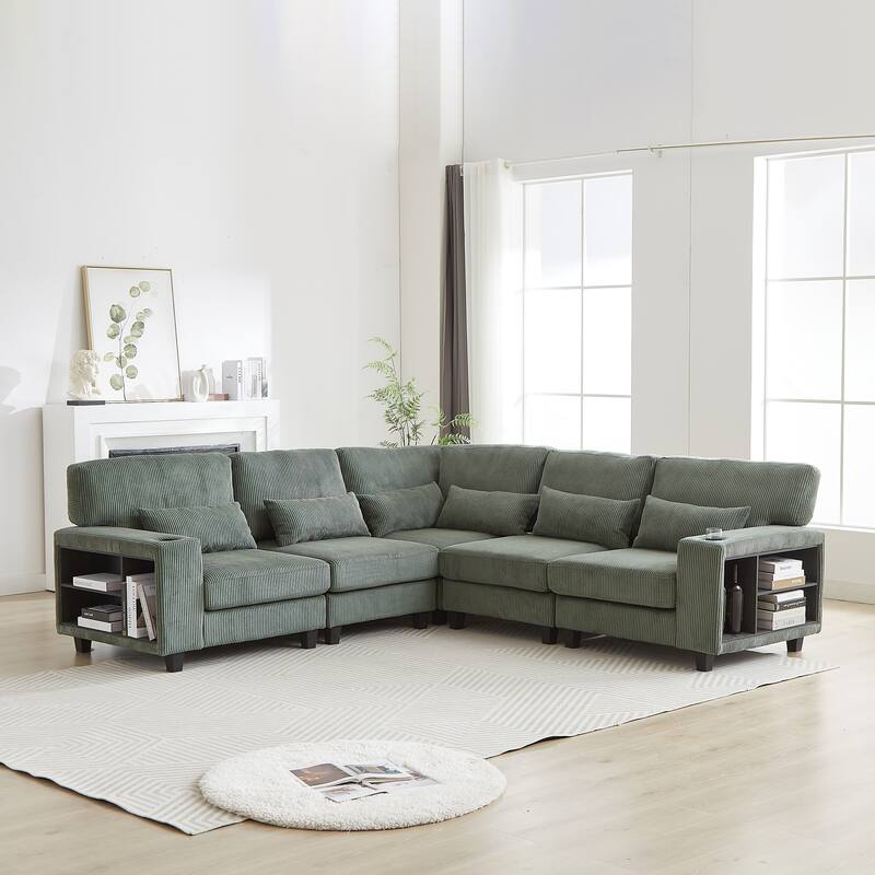 102.75" Corduroy L-Shaped Modular Sectional Sofa with Storage - Green