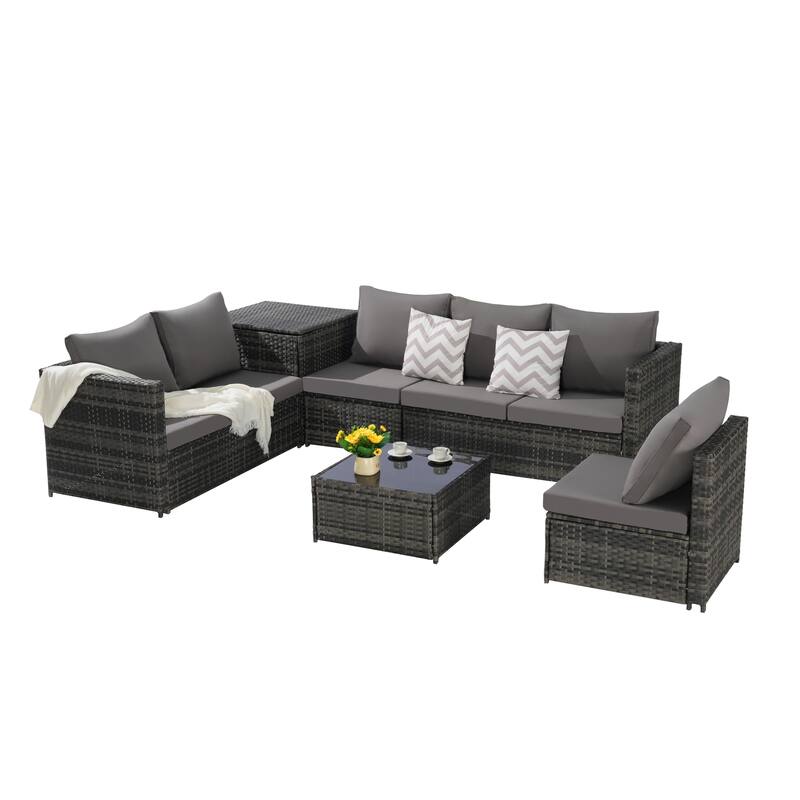 6-Piece Outdoor Patio Wicker Sectional Sofa Set with Corner Table & Glass Top Table