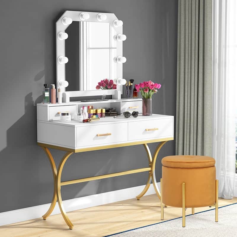ADECO Modern Upholstered Velvet Storage Ottoman Round Vanity Chair