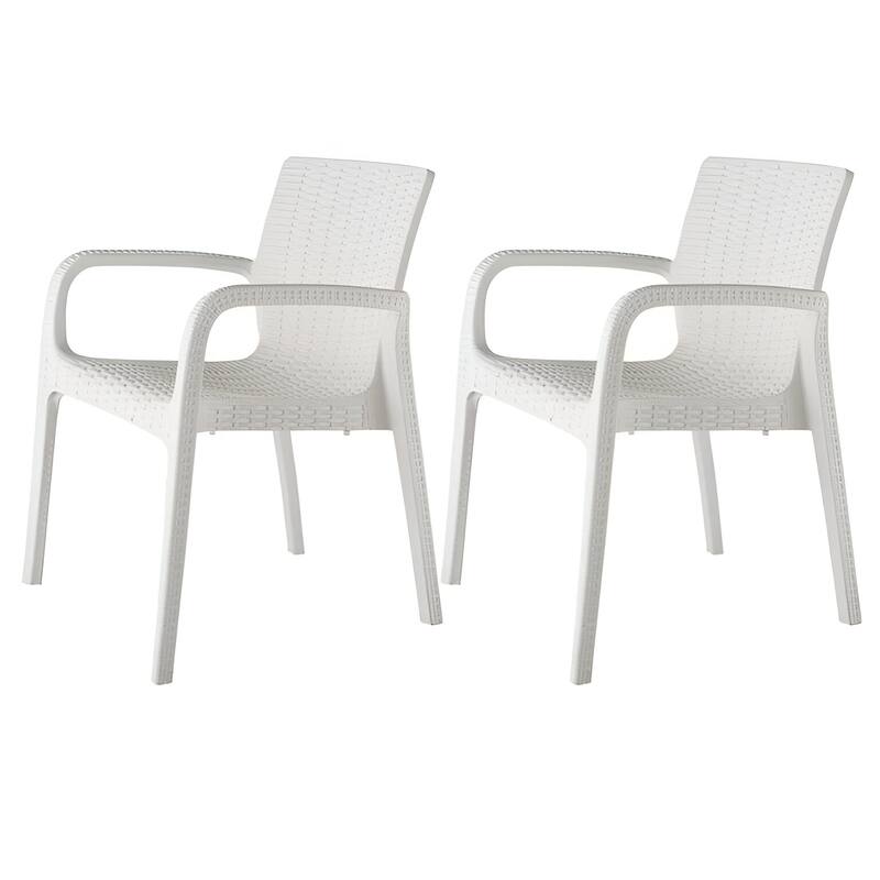 HomeRoots Set of Two White Faux Rattan Heavy Duty Plastic Outdoor Stacking Arm Chairs