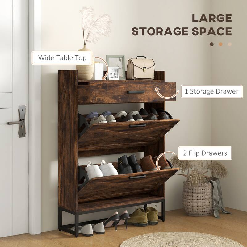 HOMCOM 2 Flip Drawers Shoe Storage Cabinet with Adjustable Shelves, and Top Drawer