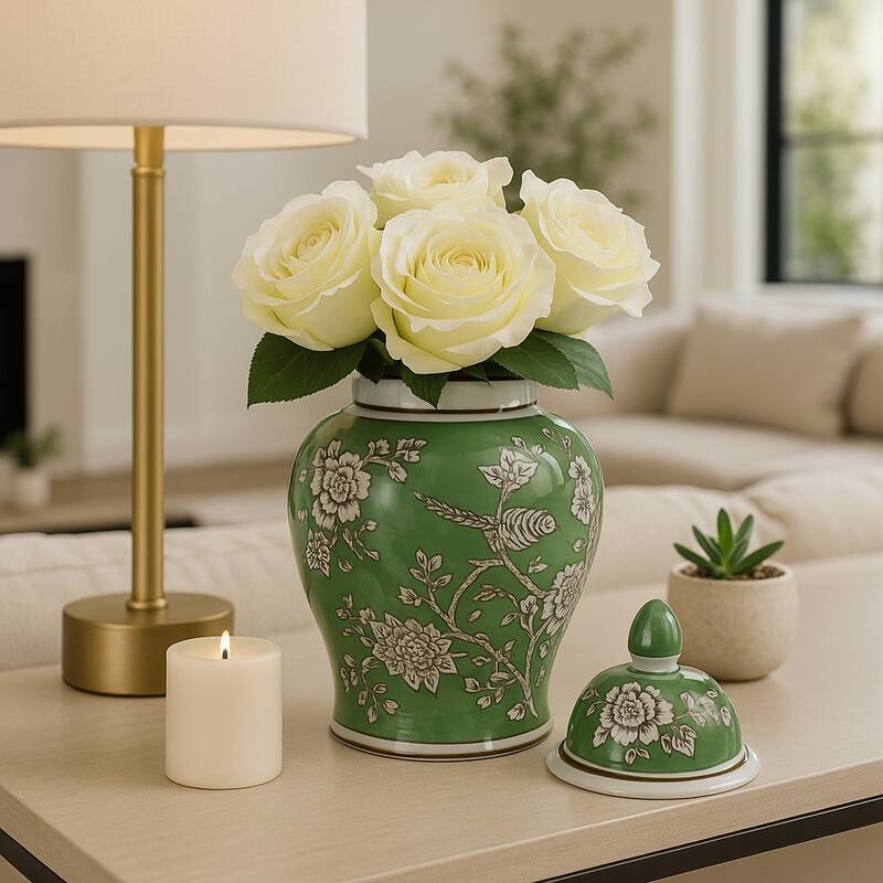 Decorative Bird and Flower Temple Jar with Lid