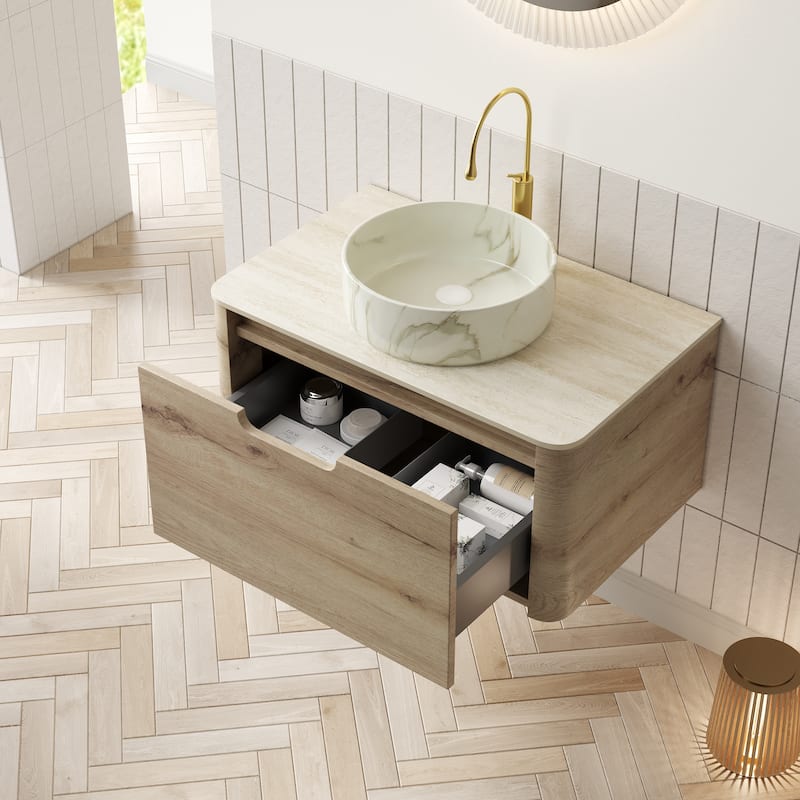 Floating Bathroom Vanity with Round Sink, Wall-Mounted Bathroom Storage Cabinet with Roma Travertine-Pattern Sintered Stone Top
