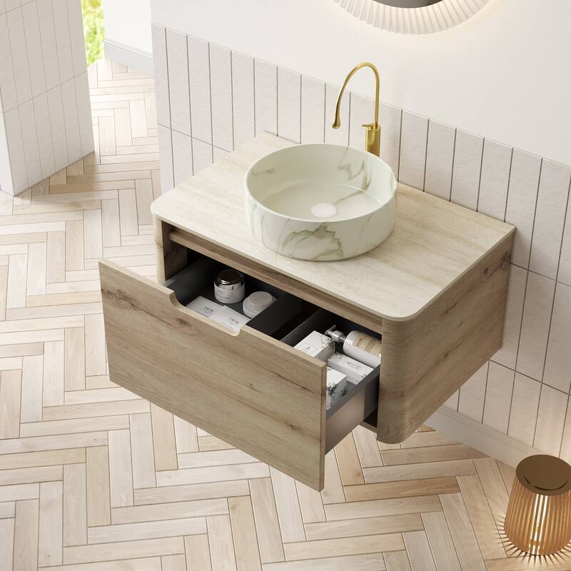 GDFStudio - Xai Floating Bathroom Vanity with Travertine-Pattern Sintered Stone Top & White Round Ceramic Basin, WITHOUT Faucet