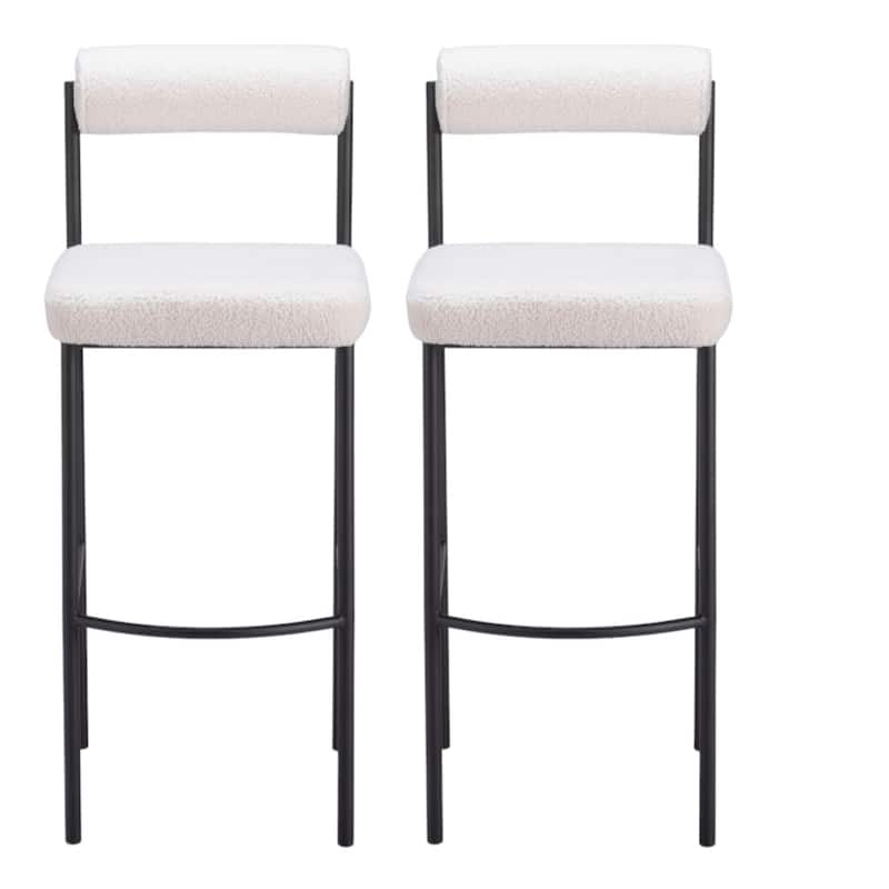 Set of Two 30" Ivory and Black Shearling and Steel Low Back Bar Height Bar Chairs