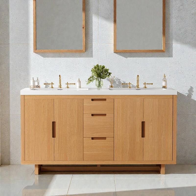 59.3" Modern Bathroom Vanity with Resin Sink, 4 Doors & 3 Drawers, Handle-Free Design, Soft-Close Hinges & Hidden Slides