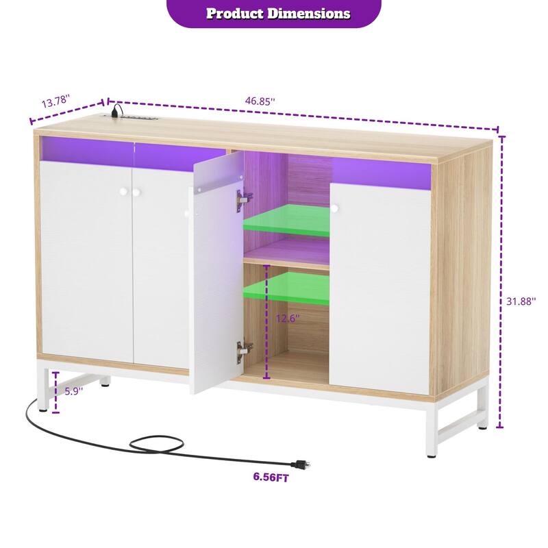 4 Doors Accent Cabinet with Power Outlet, Buffet Cabinet Storage Bar Cabinet with LED Light