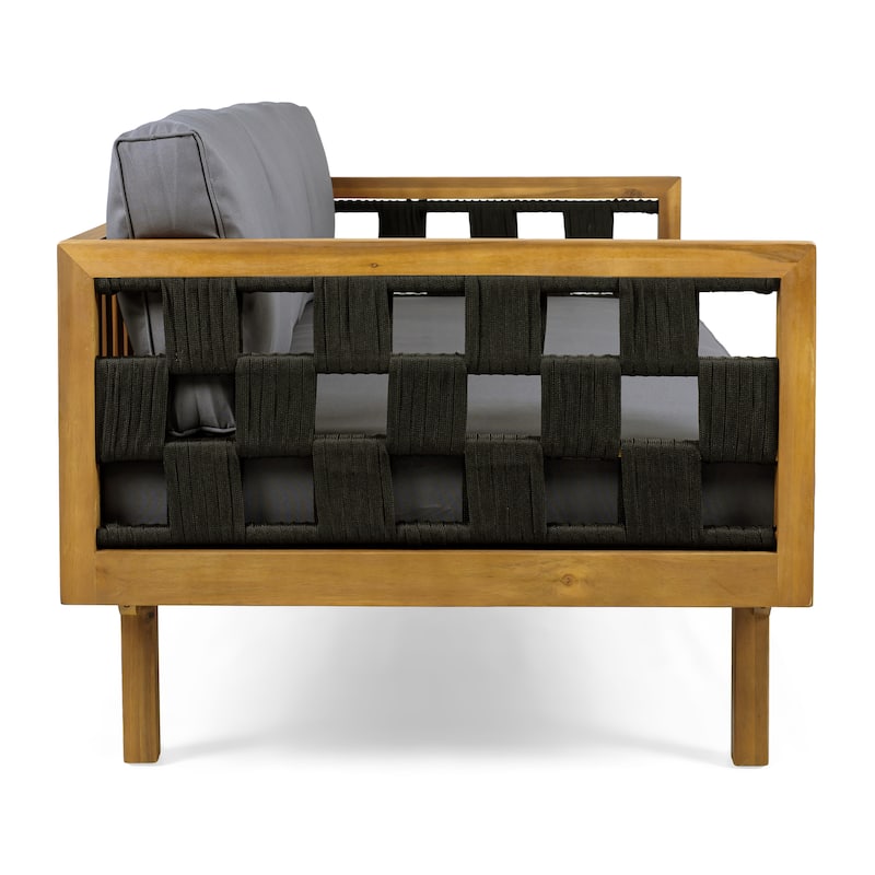 Christopher Knight Home - Modern Outdoor Patio Acacia Wood 3-Seater Daybed Sofa with Cushions, Rope Square Armrest & Teak Finish