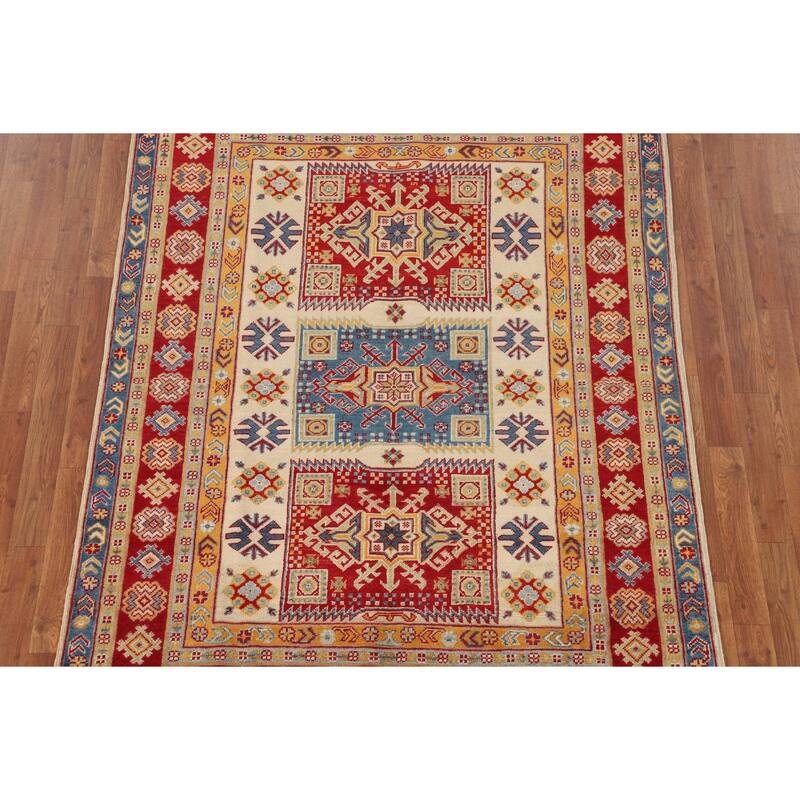 Geometric Kazak Oriental Area Rug Hand-Knotted Grey Wool Carpet - 4'10" x 6'5"