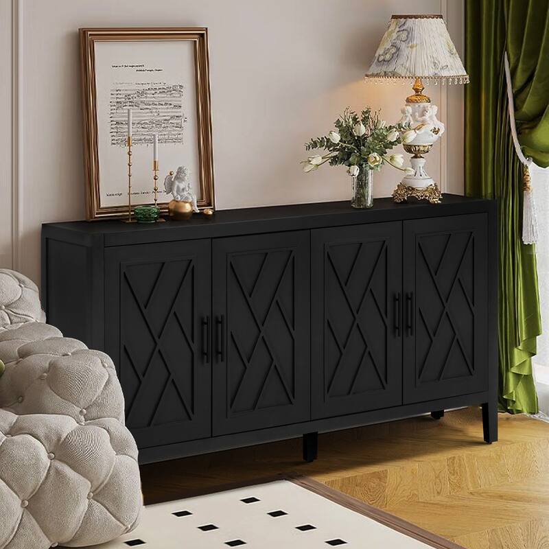 Vintage Style 4-Door Buffet Cabinet with Lacquered Accent Storage
