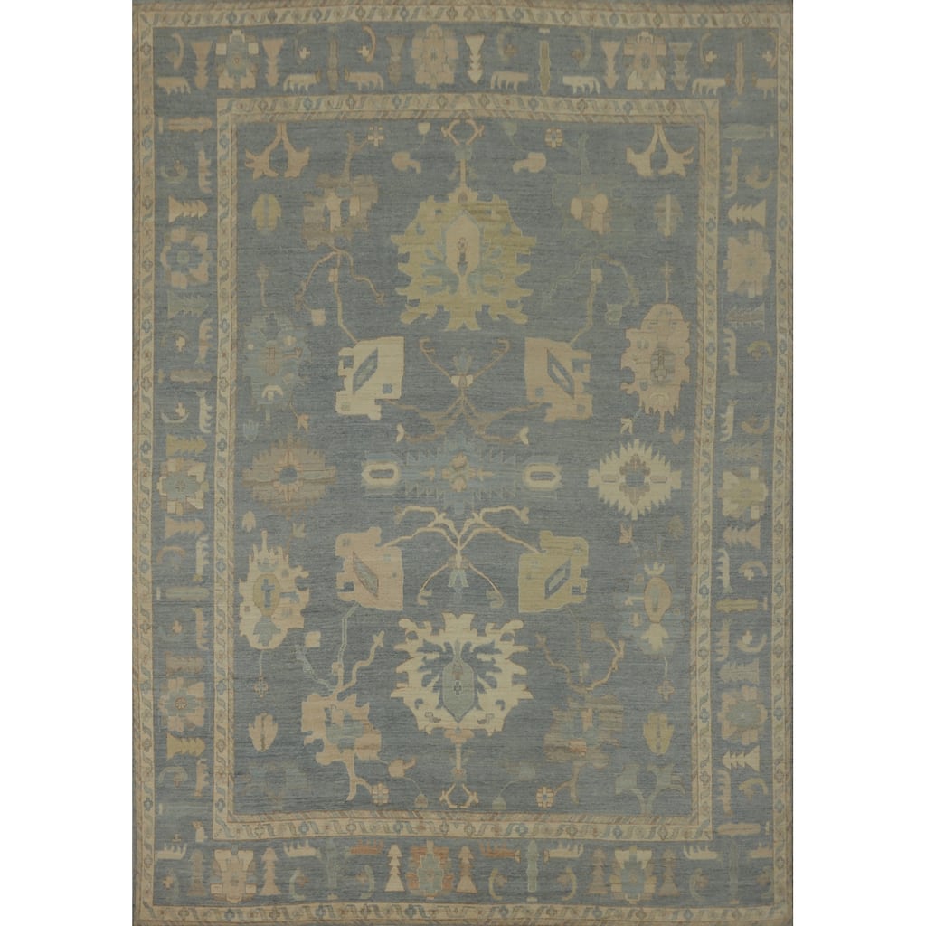 Handmade Floral Oushak Vegetable Dye Large Rug, Floral Geometric Carpet - 14' 4'' X 12' 1''