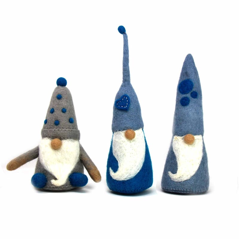 Handmade Felt Gnome Trio, Blue Winter (3-Piece Set) - Mixed Blues - Wool