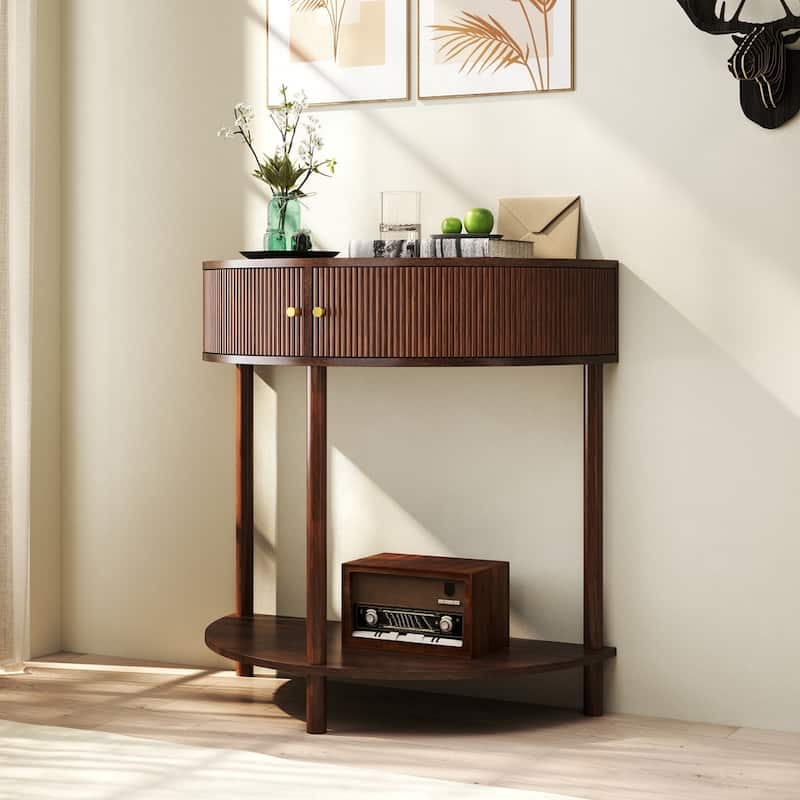Half Moon Design End Table with Sliding Rattan Door