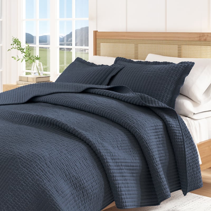 Linery & Co. Detailed Channel Stitch Microfiber Quilt Set With Shams. - Navy - Queen